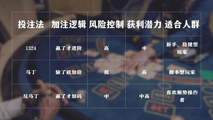 百家乐1324、马丁、反马丁三大投注法对比表。
